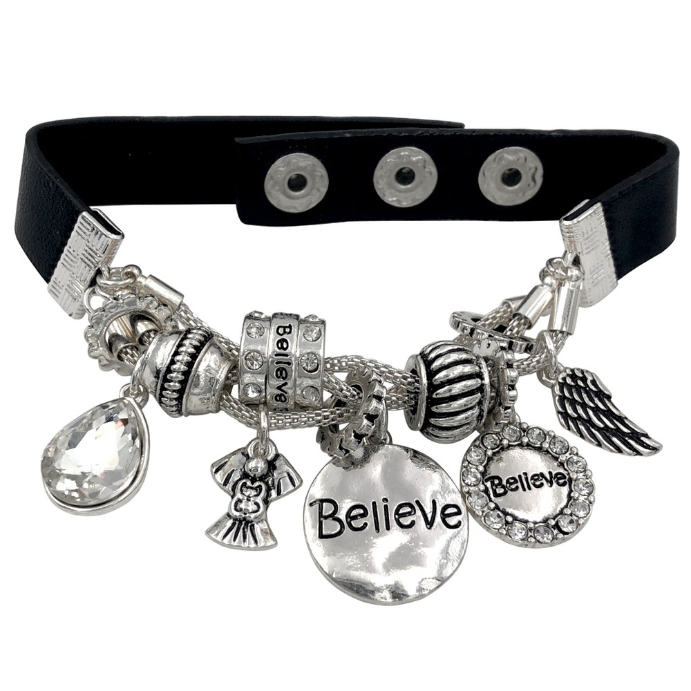 Believe Religious Angel Slide Charm Faux Leather Strap Bracelet